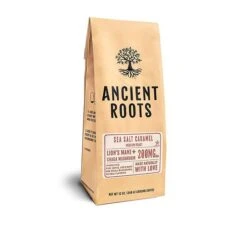 Ancient Roots Sea Salted Caramel Flavored Mushroom Medium Roast Ground Coffee, 2/12 Oz Bags -Koffee Express Shop ancient roots sea salted caramel flavored mushroom coffee salted caramel coffee 1