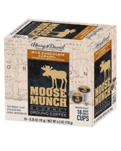 Harry & David Milk Chocolate Caramel Moose Munch Single-Serve Coffee 4/18 Count -Koffee Express Shop harry david milk chocolate caramel moose munch single serve coffee 4 box 72 ct